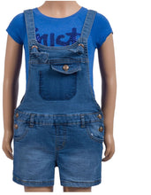 Load image into Gallery viewer, Girls Minoti Blue Short Pinafore Cotton Stretchy Denim Jeans Playsuit Dungarees