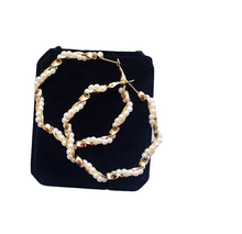 Load image into Gallery viewer, Ladies Round Gold Simulated Pearl Twist Geometric Hoop Earrings