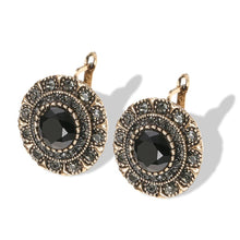 Load image into Gallery viewer, Ladies Vintage Grey Round Antique Gold Black Gemstone Earrings