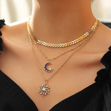 Load image into Gallery viewer, Ladies Triple Layer Gold Zircon Half Crystal Moon Sun Pendants Necklace Set
