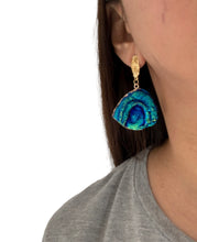 Load image into Gallery viewer, Ladies Blue Rainbow Moonstone Abstract Natural Stone Half Moon Dangling Earrings