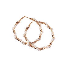Load image into Gallery viewer, Ladies Round Gold Simulated Pearl Twist Geometric Hoop Earrings