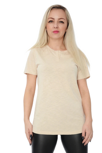 Ladies Beige Front V-Neck Slit Cotton Short Sleeve T-Shirt
