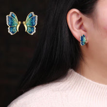 Load image into Gallery viewer, Ladies Green Blue Enamel Butterfly Wings White Crystal Trim Stud Earrings