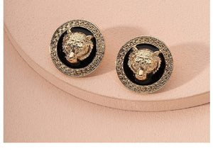 Ladies Gold Plated Tiger Head Pendant Stud Earrings
