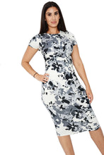 Load image into Gallery viewer, Ladies Grey & White Floral Twist Front Midi Pencil Dress