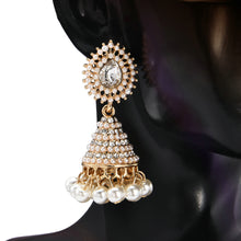 Load image into Gallery viewer, Ladies Vintage Round Wheel Cone White Simulated Pearl Rhinestone Drop Earrings