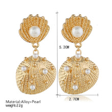 Load image into Gallery viewer, Ladies Gold Starfish Double Shell Inlay Faux Pearl Dangling earrings