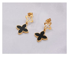 Load image into Gallery viewer, Ladies Black Gold Hypoallergenic Stainless Steel Four Leaf Clover Stud Earrings