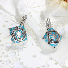 Load image into Gallery viewer, Ladies Silver Blue Enamel Retro Square Dangle Hook Earrings