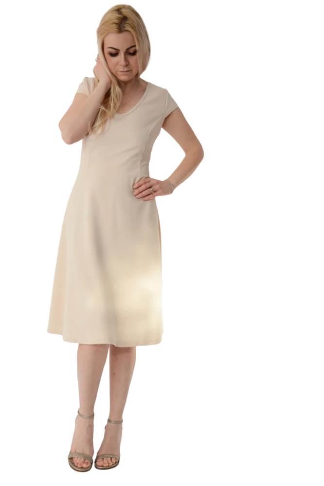 Ladies Nude V Neckline Midi Fit & Flare Dress Klassywear Ladies Nude V Neckline Midi Fit & Flare Dress Klassywear