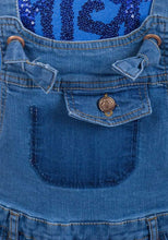 Load image into Gallery viewer, Girls Minoti Blue Short Pinafore Cotton Stretchy Denim Jeans Playsuit Dungarees