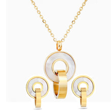 Load image into Gallery viewer, Ladies 18K Gold Plated Round Interlock Ring Stainless Shell Earring Pendant Set