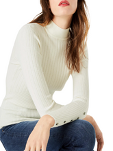 Load image into Gallery viewer, Cream High Neck Wide Ribbed Fitted Buttoned Long Sleeve Jumper
