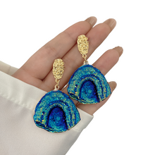 Load image into Gallery viewer, Ladies Blue Rainbow Moonstone Abstract Natural Stone Half Moon Dangling Earrings
