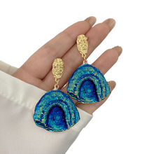 Load image into Gallery viewer, Ladies Blue Rainbow Moonstone Abstract Natural Stone Half Moon Dangling Earrings