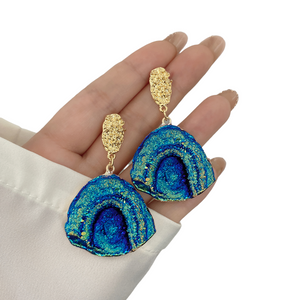 Ladies Blue Rainbow Moonstone Abstract Natural Stone Half Moon Dangling Earrings
