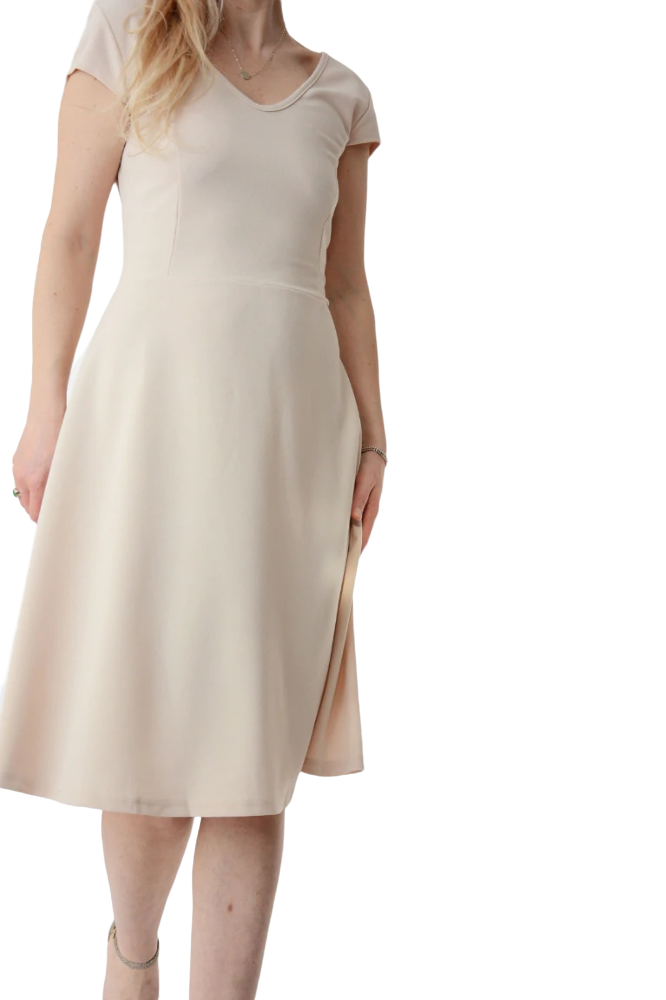 Ladies Nude V Neckline Midi Fit & Flare Dress Klassywear Ladies Nude V Neckline Midi Fit & Flare Dress Klassywear