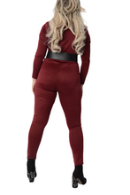 Load image into Gallery viewer, Ladies Burgundy Wrap V-Neck Long Sleeve Jumpsuit