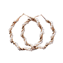 Load image into Gallery viewer, Ladies Round Gold Simulated Pearl Twist Geometric Hoop Earrings