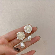 Load image into Gallery viewer, Elegant Pearl White Rose Flower Drop Dangling Earrings
