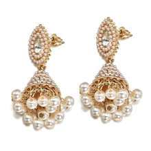 Load image into Gallery viewer, Ladies Vintage Round Wheel Cone White Simulated Pearl Rhinestone Drop Earrings