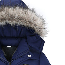 Load image into Gallery viewer, Navy Faux Furry Trim Detachable Hood Fleece Lined Padded Winter Coat