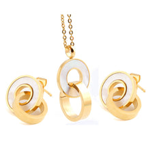 Load image into Gallery viewer, Ladies 18K Gold Plated Round Interlock Ring Stainless Shell Earring Pendant Set