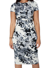 Load image into Gallery viewer, Ladies Grey & White Floral Twist Front Midi Pencil Dress