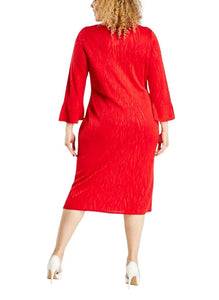 Ladies Red Metallic Insert Midi Long Sleeve Plus Size Dress