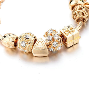 Ladies Gold Gift Box Ball Square Crystal Charms Rope Chain Bracelet