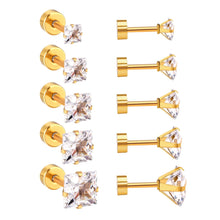Load image into Gallery viewer, Unisex Gold Plated Hypoallergenic Square CZ Crystals Screw Back Stud Earring