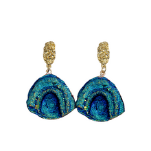 Load image into Gallery viewer, Ladies Blue Rainbow Moonstone Abstract Natural Stone Half Moon Dangling Earrings
