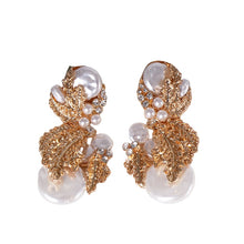 Load image into Gallery viewer, Ladies Gold Pearl Crystal Beaded Leafy Bold Earrings