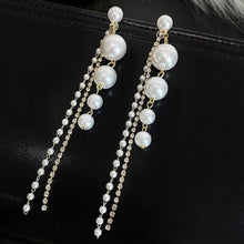 Load image into Gallery viewer, Ladies Vintage Gold Simulated Pearl Tassel Long Dangling Earrings