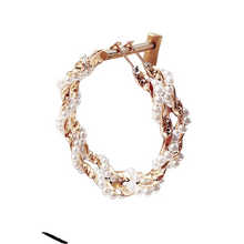 Load image into Gallery viewer, Ladies Round Gold Simulated Pearl Twist Geometric Hoop Earrings