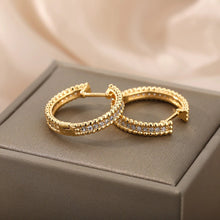 Load image into Gallery viewer, Gold Round Medium Beaded Trim Middle Zircon Creole Hoop Womens Earrings