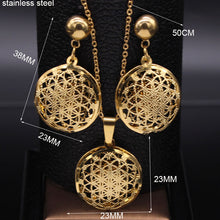Load image into Gallery viewer, Gold Flower Of Life Stainless Steel Hollow Earring Pendant Necklace Set