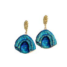 Load image into Gallery viewer, Ladies Blue Rainbow Moonstone Abstract Natural Stone Half Moon Dangling Earrings