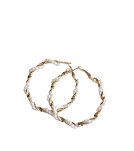 Load image into Gallery viewer, Ladies Round Gold Simulated Pearl Twist Geometric Hoop Earrings