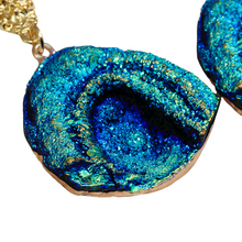 Load image into Gallery viewer, Ladies Blue Rainbow Moonstone Abstract Natural Stone Half Moon Dangling Earrings