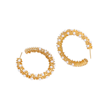 Load image into Gallery viewer, Ladies Gold Round Chunky Pearl Inlay Geometric C Shape Stud Earrings