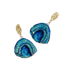 Load image into Gallery viewer, Ladies Blue Rainbow Moonstone Abstract Natural Stone Half Moon Dangling Earrings