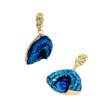 Load image into Gallery viewer, Ladies Blue Rainbow Moonstone Abstract Natural Stone Half Moon Dangling Earrings