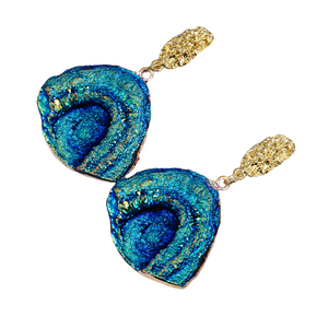 Ladies Blue Rainbow Moonstone Abstract Natural Stone Half Moon Dangling Earrings