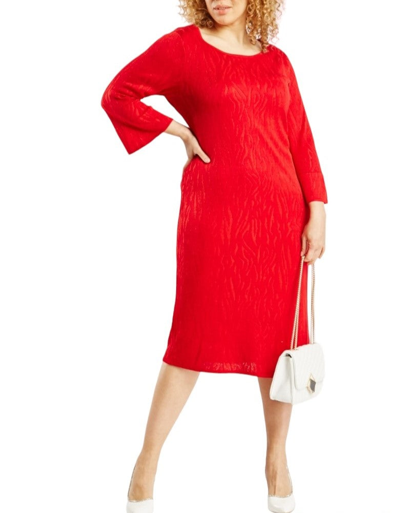 Ladies Red Metallic Insert Midi Long Sleeve Plus Size Dress