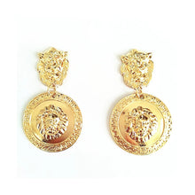 Load image into Gallery viewer, Lion Head Gold Plated Round Medusa Medallion Coin Earrings
