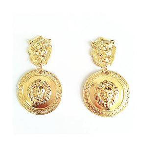 Lion Head Gold Plated Round Medusa Medallion Coin Earrings