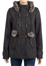 Load image into Gallery viewer, Charcoal Faux Fur Trim Hooded Duffle Coat