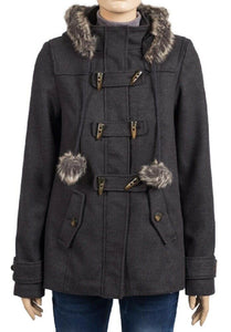 Charcoal Faux Fur Trim Hooded Duffle Coat